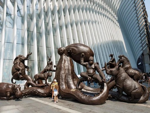 Exploring new art in NYC! 😍
A huge new public sculpture exhibition, “Wildlife Wonders” is now on view at the World Trade Center.
There’s a set of 3 installations in total. With these sculptures, the public can touch, play, and encounter wildlife in a way they never would be able to in real life.

The Arms of Friendship: The sculpture invites people to sit on a tentacle belonging to the world’s biggest bronze octopus. This sculpture spans 36 feet, and cradles some of the planet’s most iconic and endangered creatures within its eight limbs.

The Wild Table of Love: A grand six-meter-long table with ten of the world’s most endangered animals, and two spare seats for the public to join in.

The Hippo Was Hungry To Try New Things: represents a conversation between a hippo and Rabbitwoman.

📍World Trade Center, just outside the Oculus