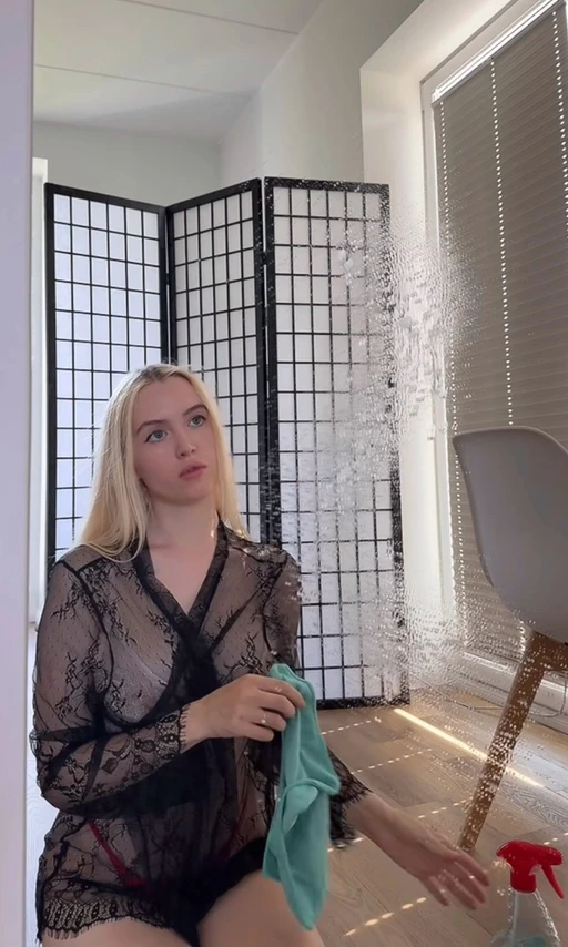 Hands on the glass, body in the reflectionโฆ cleaning has never been this exciting ๐ Care to join my little show?