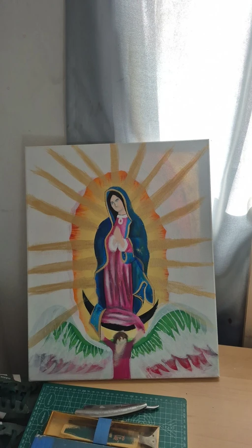 So anyone have any suggestions I am new to painting and this is my version of the Virgen Mary it is not done yet I have quite a bit to go and for some reason I lost the interest of finishing it up anybody have any advice need all the help I could get hmu